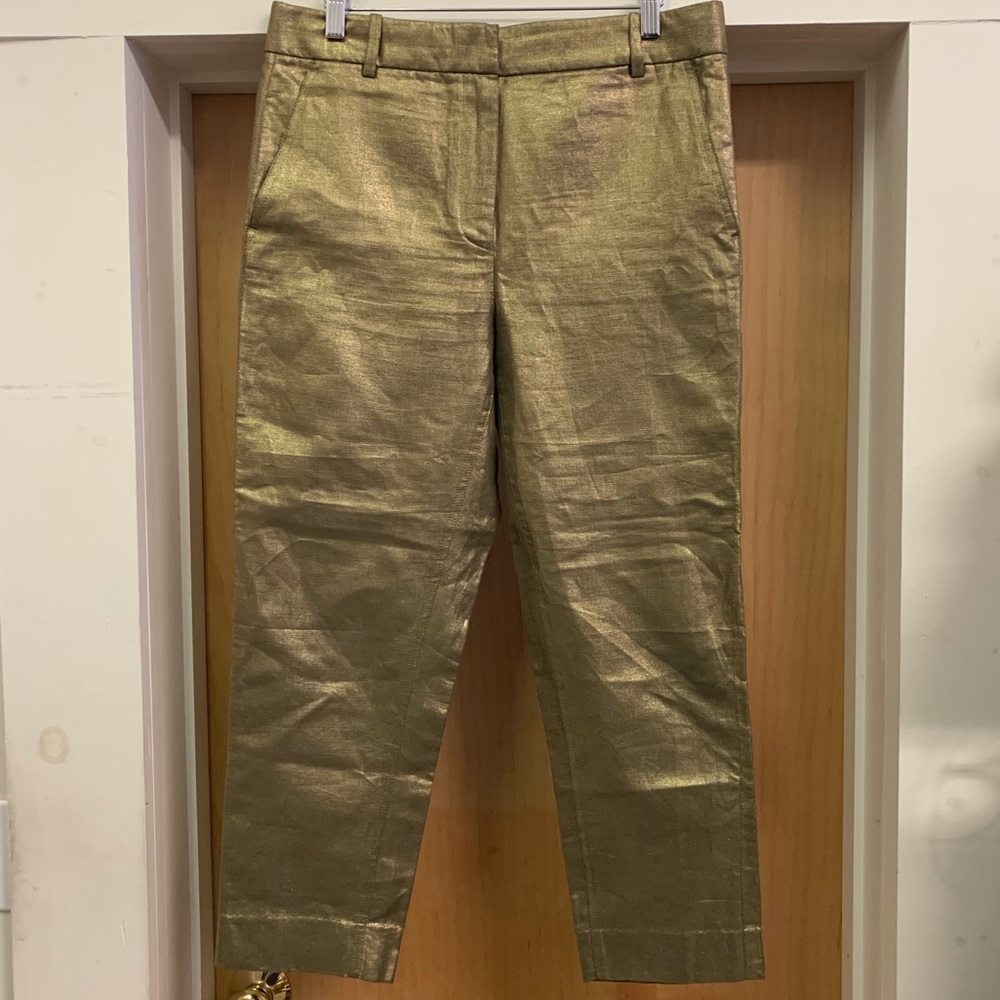 J. Crew Gold Metallic Pants size 6, festive for parties or holidays, ankle.